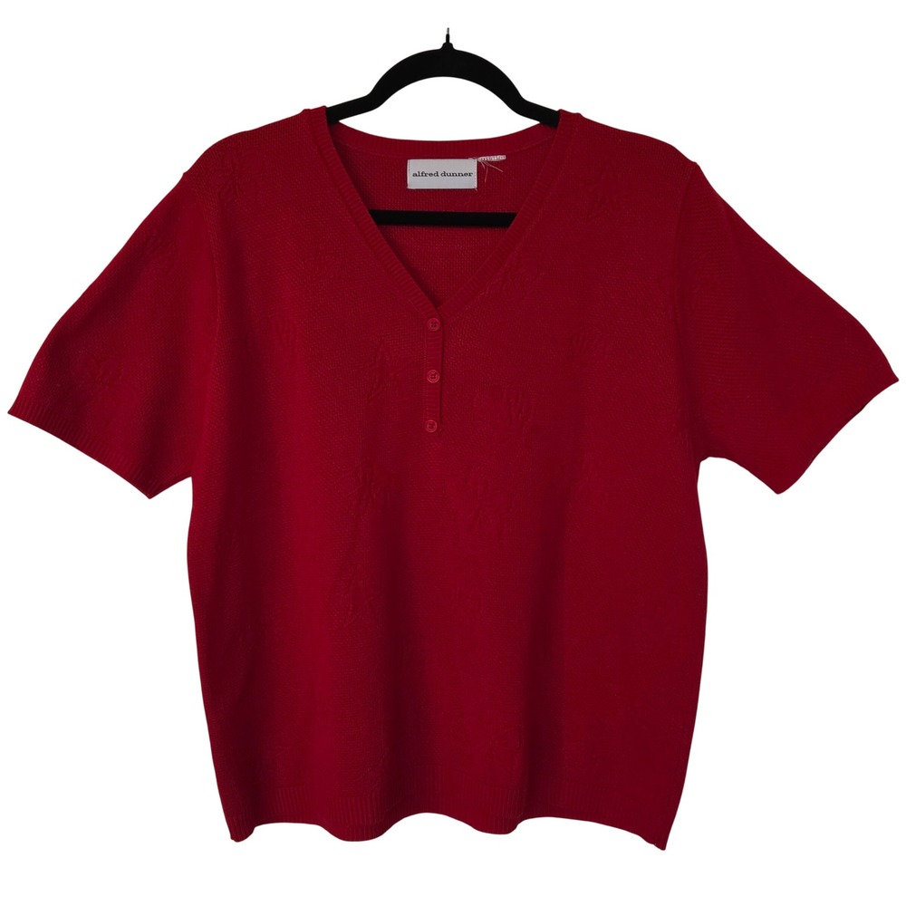 Alfred Dunner Red Knit Short Sleeve Sweater Top Size L Shells Coastal Nautical